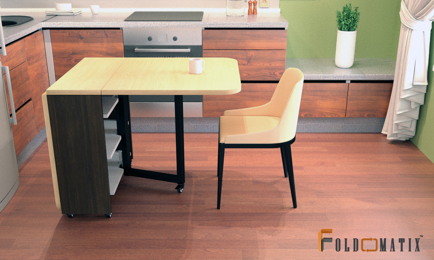 FOLDOMATIX Engineered Wood (Plywood) 6 Seater Folding Dining Table with metal frame consist of 3 shelves for storage (Without Chairs)