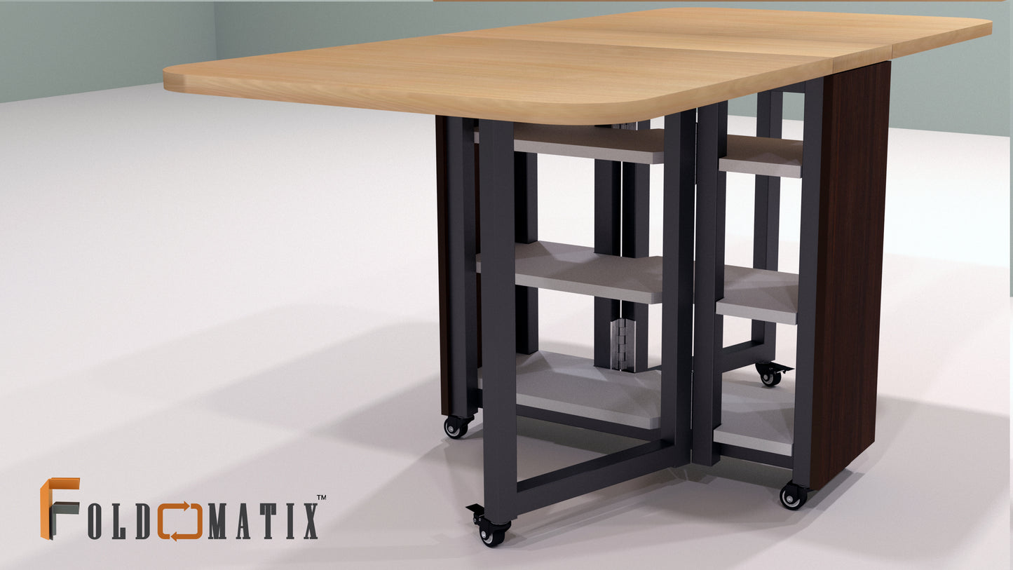 FOLDOMATIX Engineered Wood (Plywood) 6 Seater Folding Dining Table with metal frame consist of 3 shelves for storage (Without Chairs)