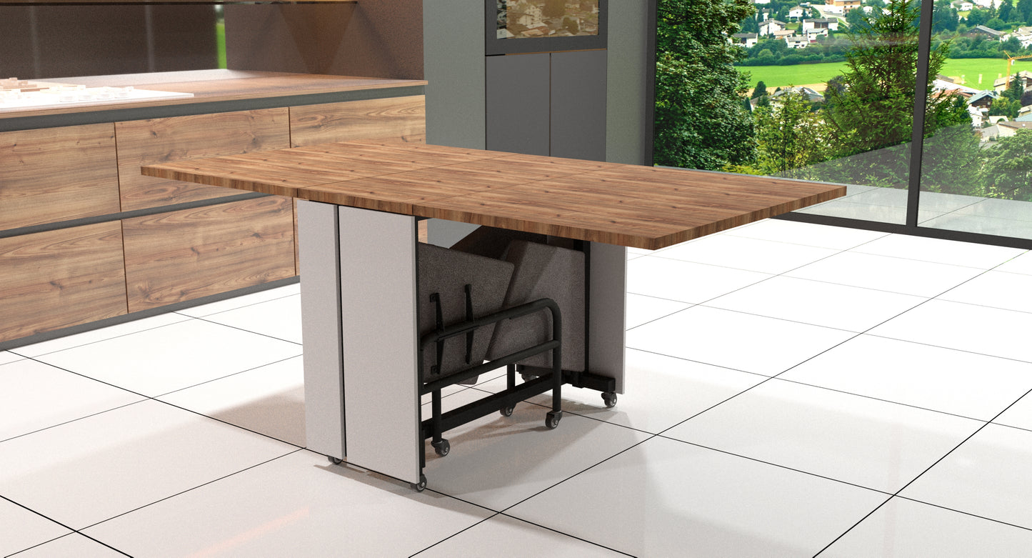 Foldomatix Six seater Folding Table with Integrated Seating and Lockable Leaf Panel Extension System
