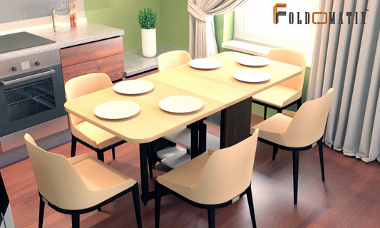 FOLDOMATIX Engineered Wood (Plywood) 6 Seater Folding Dining Table with metal frame consist of 3 shelves for storage (Without Chairs)