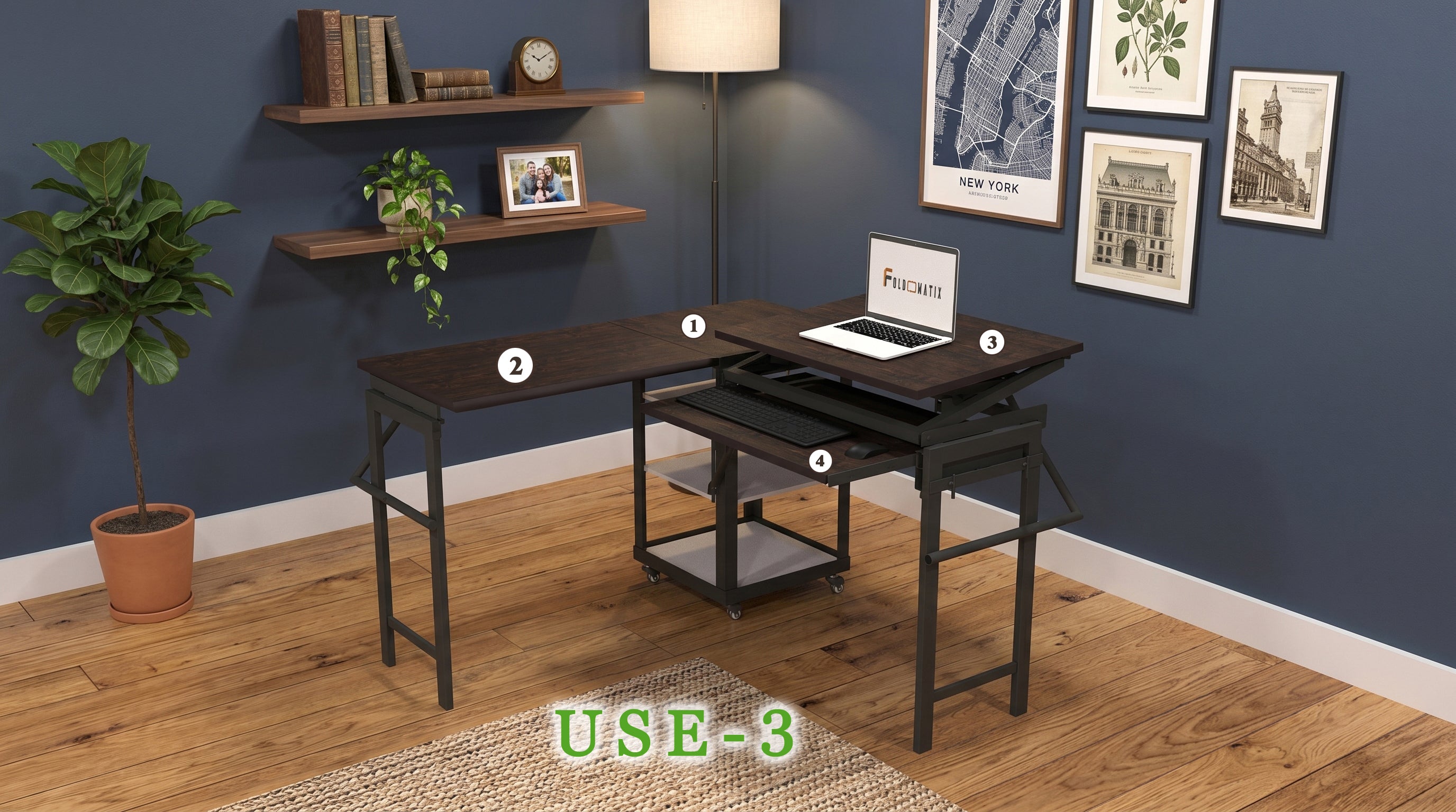 Foldomatix Multipurpose L-Shaped Height & Angle Adjustable Desk | WorkStation, Compact, Space-Saving, and Ergonomic Desk with Adjustable shelves and Adjustable Keyboard Tray