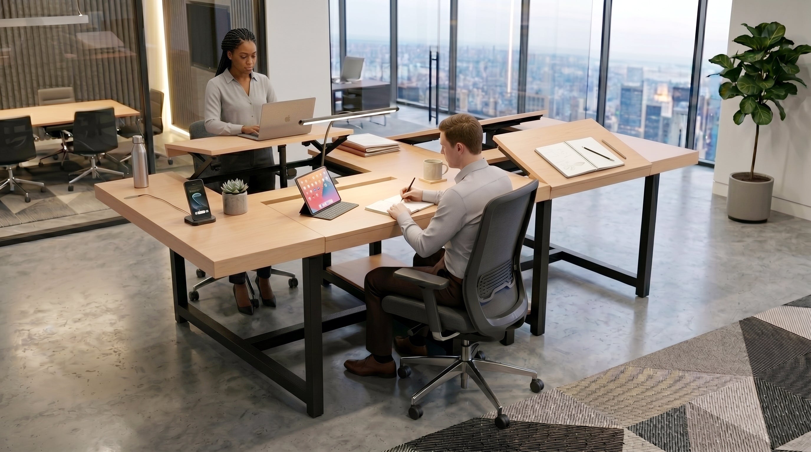 Executive Workstation with Height & Tilt Angle Adjustable Desk Sections | Ergonomic Multi-User Office Desk