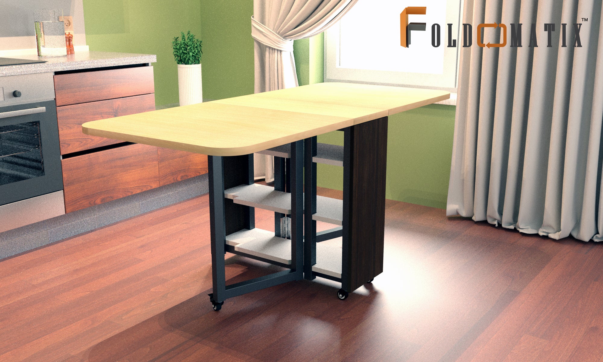 FOLDOMATIX Engineered Wood (Plywood) 6 Seater Folding Dining Table with metal frame consist of 3 shelves for storage (Without Chairs)