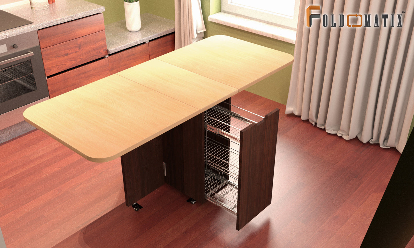 FOLDOMATIX Engineered Wood (Plywood) 6 Seater Folding Dining Table with 3 Shelves Pull out stainless steel drawer (Without Chairs)