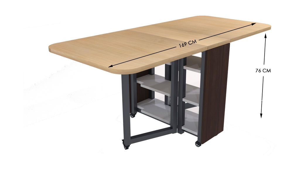 FOLDOMATIX Engineered Wood (Plywood) 6 Seater Folding Dining Table with metal frame consist of 3 shelves for storage (Without Chairs)