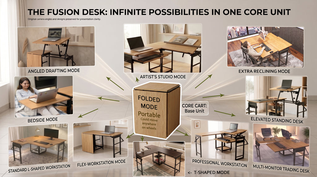 Foldomatix Multipurpose L-Shaped Height & Angle Adjustable Desk | WorkStation, Compact, Space-Saving, and Ergonomic Desk with Adjustable shelves and Adjustable Keyboard Tray