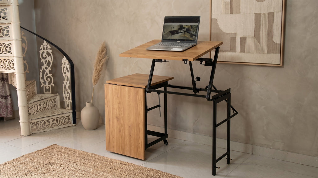 Foldomatix Multipurpose L-Shaped Height & Angle Adjustable Desk | WorkStation, Compact, Space-Saving, and Ergonomic Desk with Adjustable shelves and Adjustable Keyboard Tray