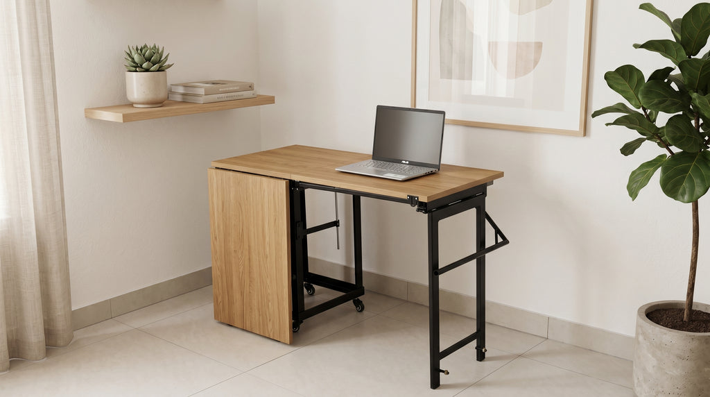 Foldomatix Multipurpose L-Shaped Height & Angle Adjustable Desk | WorkStation, Compact, Space-Saving, and Ergonomic Desk with Adjustable shelves and Adjustable Keyboard Tray