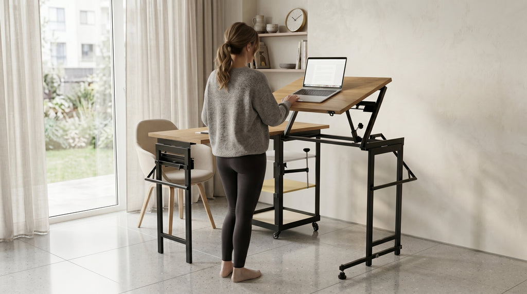 Foldomatix Multipurpose L-Shaped Height & Angle Adjustable Desk | WorkStation, Compact, Space-Saving, and Ergonomic Desk with Adjustable shelves and Adjustable Keyboard Tray