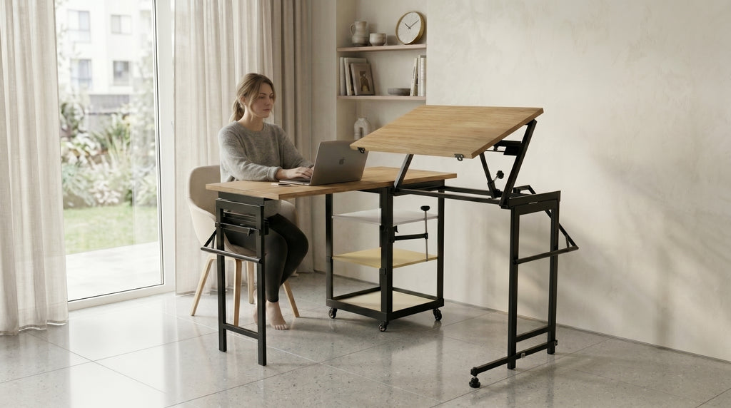 Foldomatix Multipurpose L-Shaped Height & Angle Adjustable Desk | WorkStation, Compact, Space-Saving, and Ergonomic Desk with Adjustable shelves and Adjustable Keyboard Tray