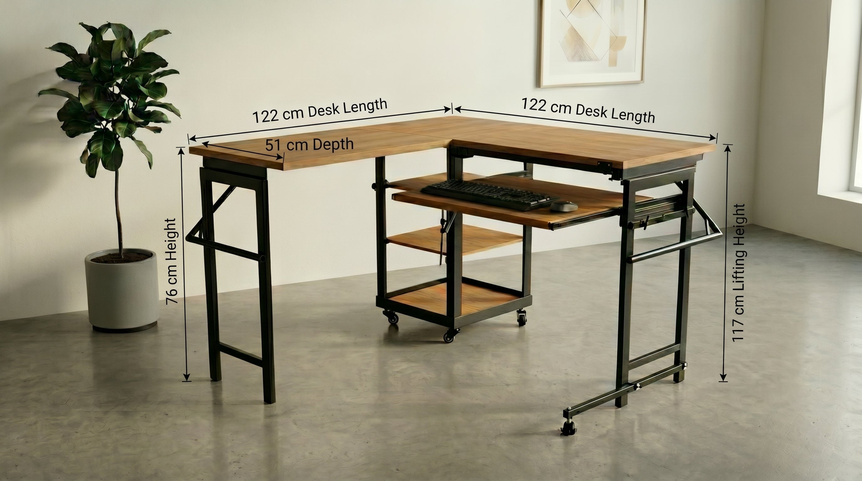 Foldomatix Multipurpose L-Shaped Height & Angle Adjustable Desk | WorkStation, Compact, Space-Saving, and Ergonomic Desk with Adjustable shelves and Adjustable Keyboard Tray