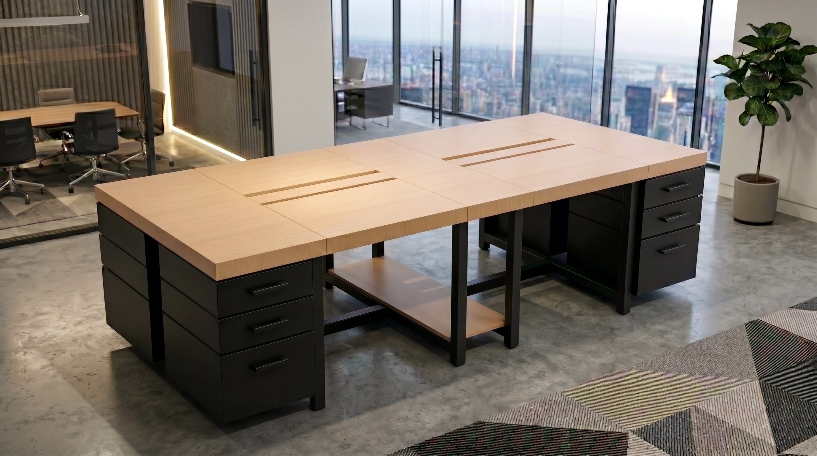 Executive Workstation with Height & Tilt Angle Adjustable Desk Sections | Ergonomic Multi-User Office Desk