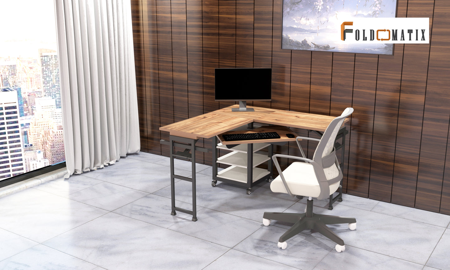 Foldomatix Multipurpose L-Type Convertible Study Table & Computer Desk | Compact, Space-Saving, and Ergonomic Desk with Detachable and slidable Keyboard Tray with Multiple Customizable Functionality