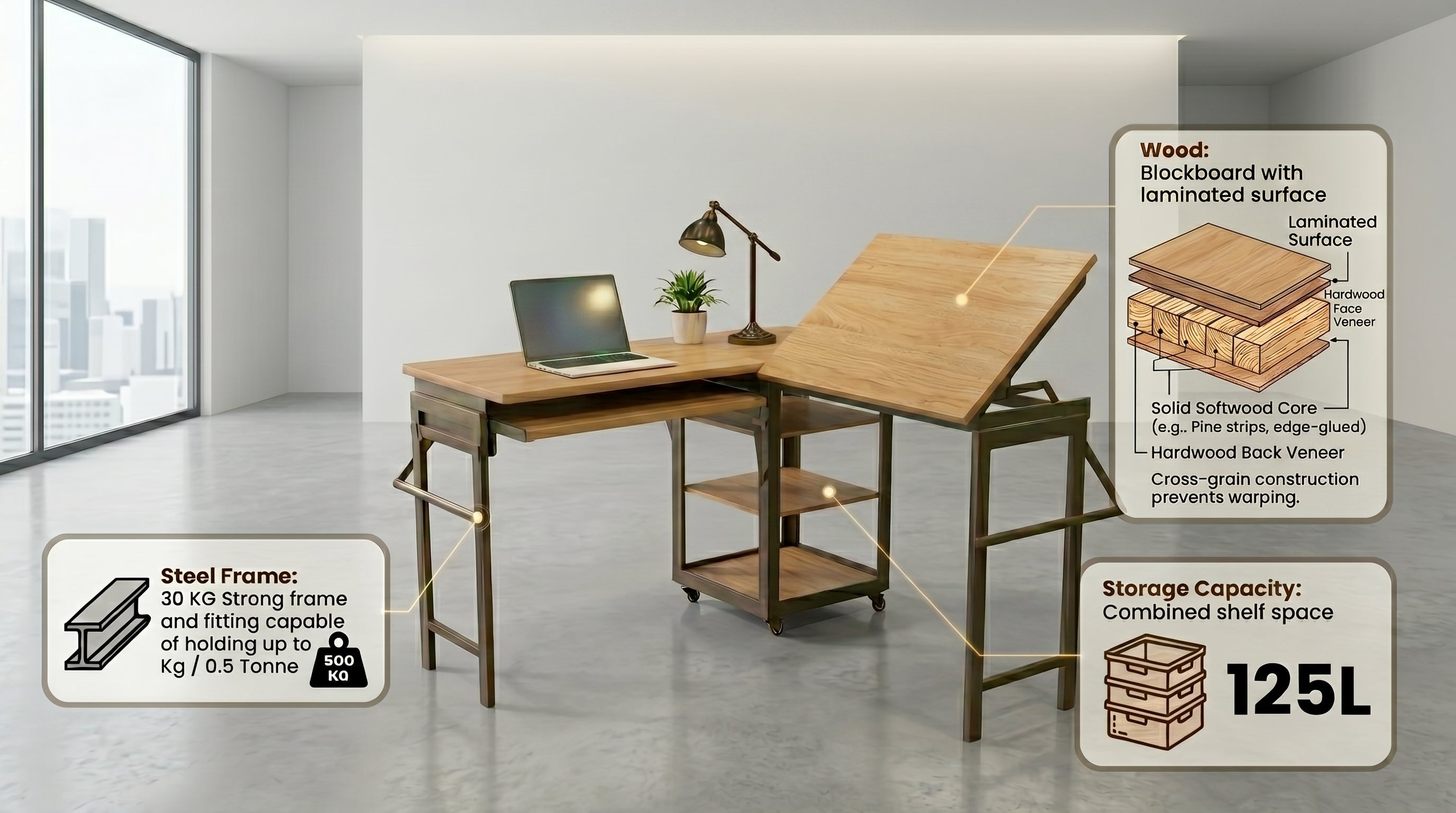 Foldomatix Multipurpose L-Shaped Height & Angle Adjustable Desk | WorkStation, Compact, Space-Saving, and Ergonomic Desk with Adjustable shelves and Adjustable Keyboard Tray
