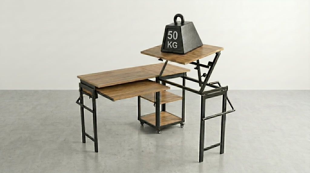 Foldomatix Multipurpose L-Shaped Height & Angle Adjustable Desk | WorkStation, Compact, Space-Saving, and Ergonomic Desk with Adjustable shelves and Adjustable Keyboard Tray