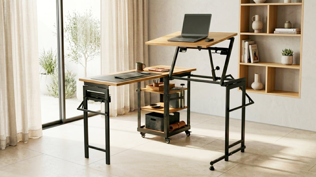 Foldomatix Multipurpose L-Shaped Height & Angle Adjustable Desk | WorkStation, Compact, Space-Saving, and Ergonomic Desk with Adjustable shelves and Adjustable Keyboard Tray