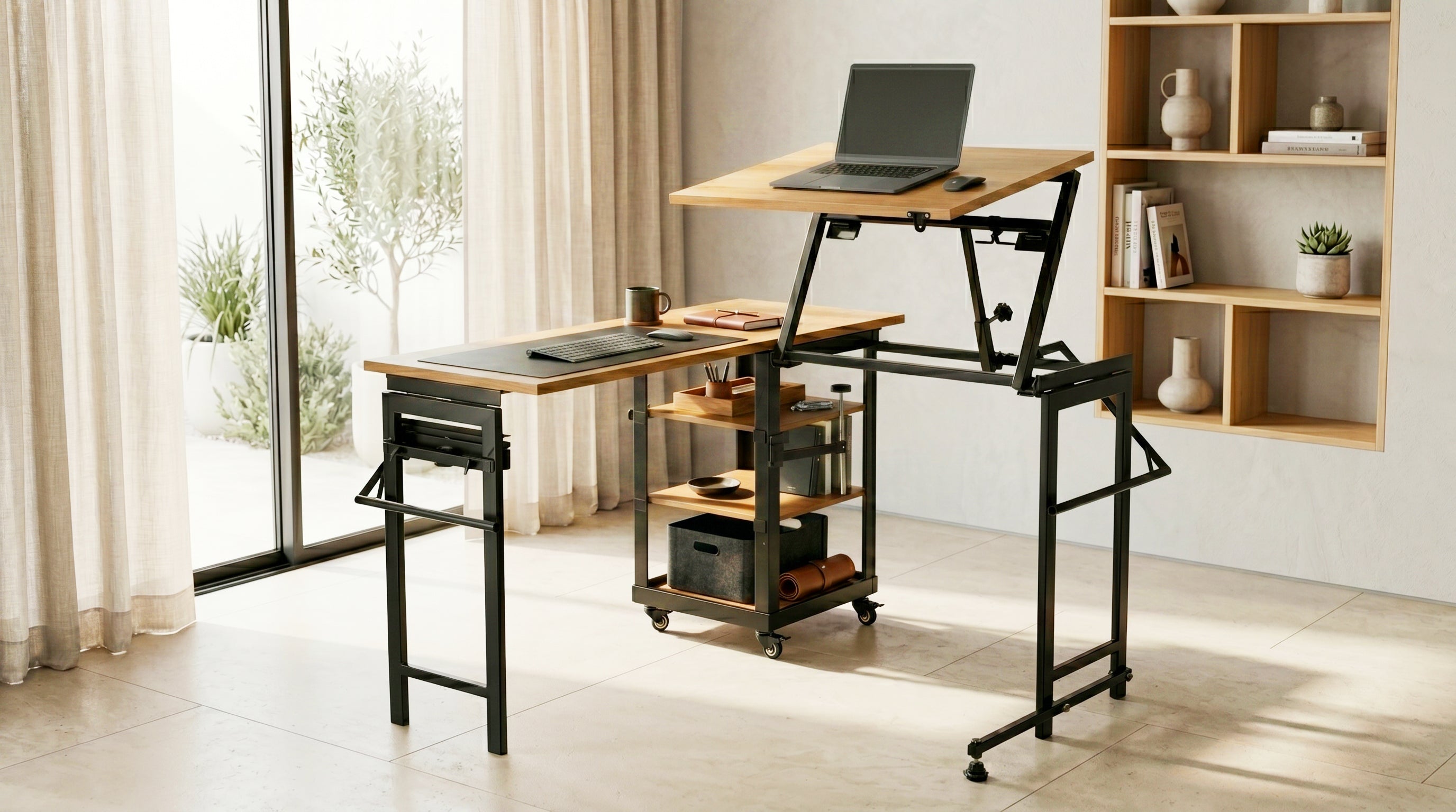 Foldomatix Multipurpose L-Shaped Height & Angle Adjustable Desk | WorkStation, Compact, Space-Saving, and Ergonomic Desk with Adjustable shelves and Adjustable Keyboard Tray