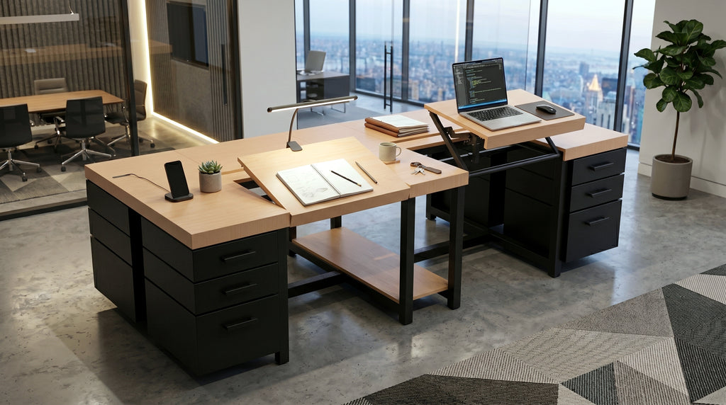 Executive Workstation with Height & Tilt Angle Adjustable Desk Sections | Ergonomic Multi-User Office Desk