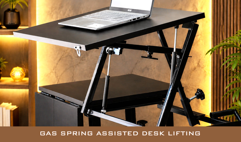 Foldomatix Multipurpose L-Shaped Height & Angle Adjustable Desk | WorkStation, Compact, Space-Saving, and Ergonomic Desk with Adjustable shelves and Adjustable Keyboard Tray