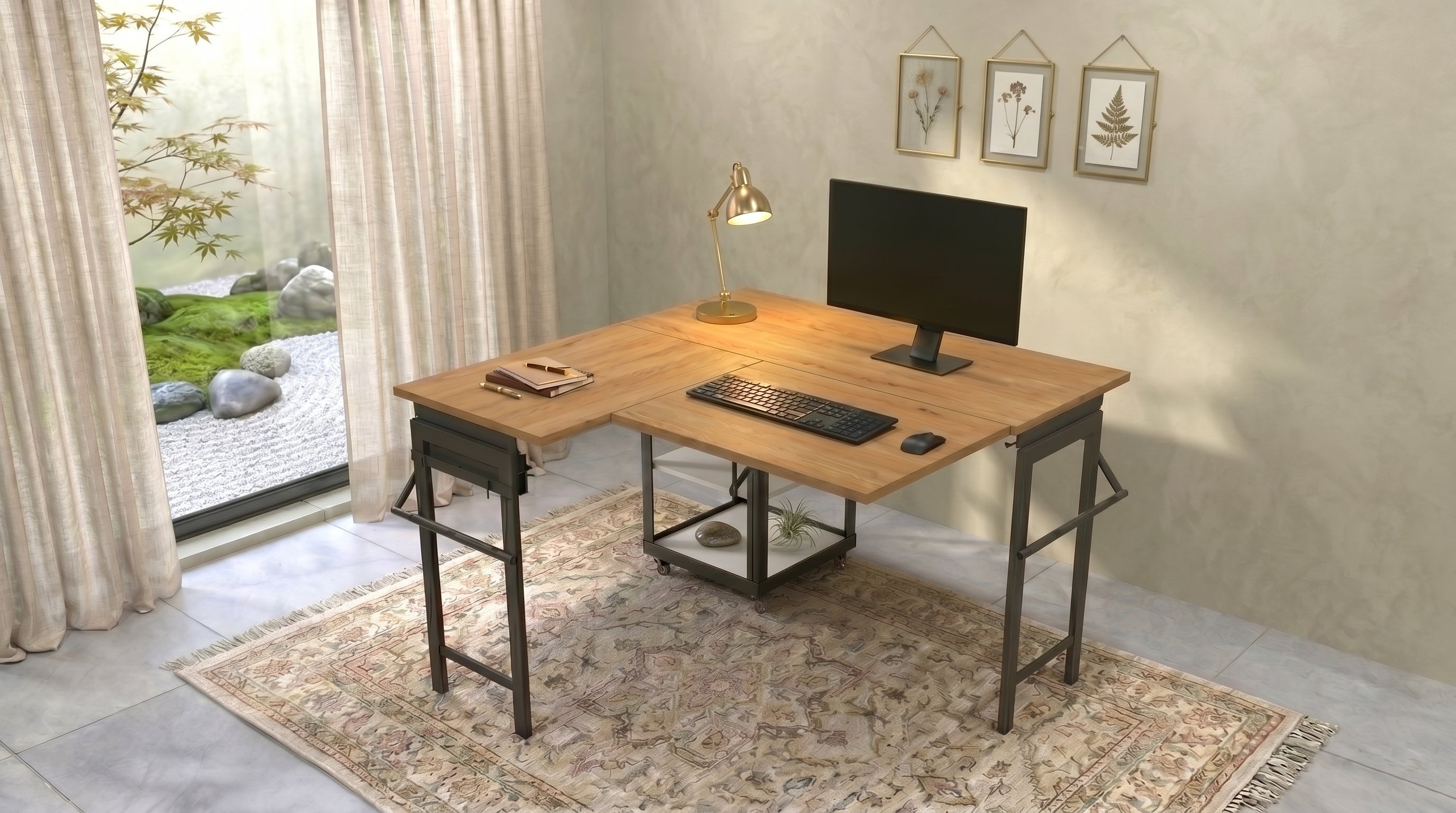 Foldomatix Multipurpose L-Shaped Height & Angle Adjustable Desk | WorkStation, Compact, Space-Saving, and Ergonomic Desk with Adjustable shelves and Adjustable Keyboard Tray