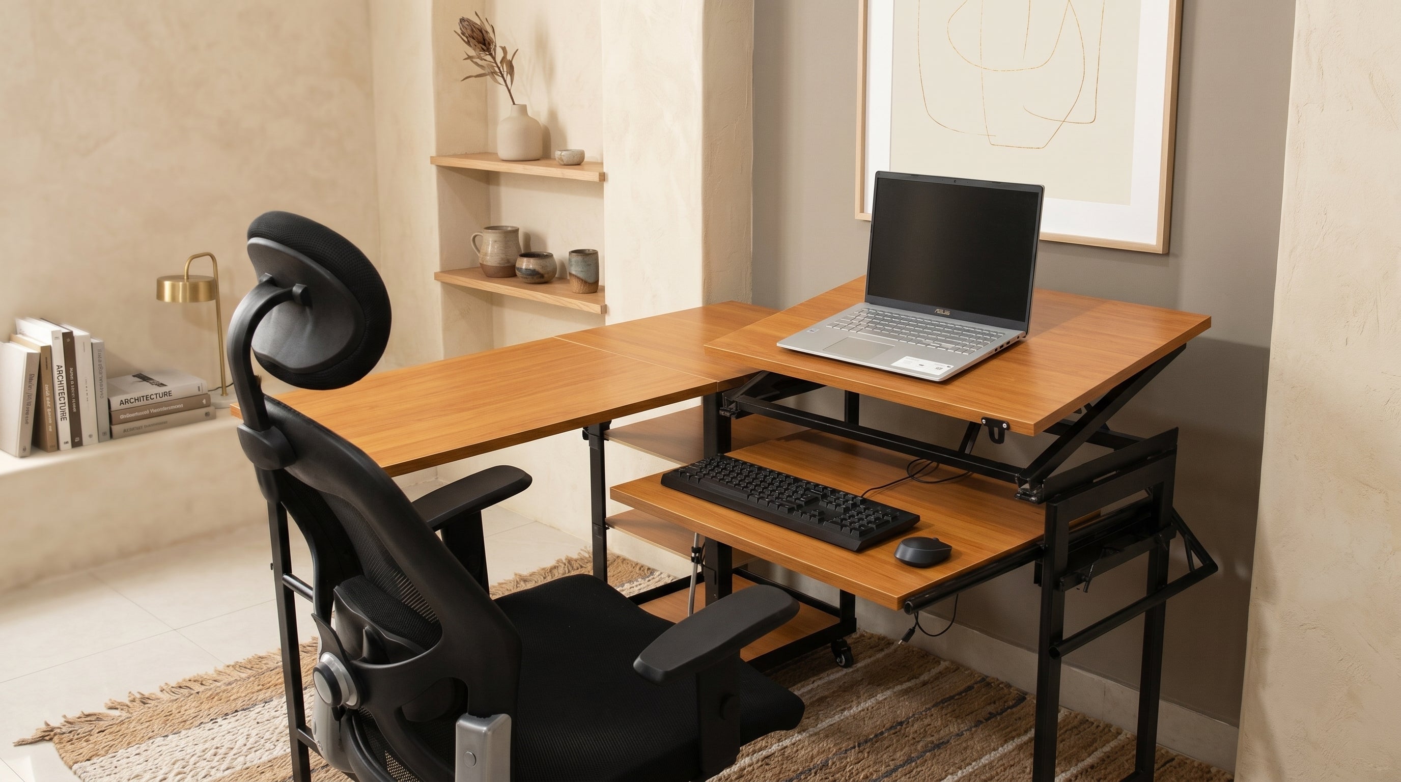 Foldomatix Multipurpose L-Shaped Height & Angle Adjustable Desk | WorkStation, Compact, Space-Saving, and Ergonomic Desk with Adjustable shelves and Adjustable Keyboard Tray