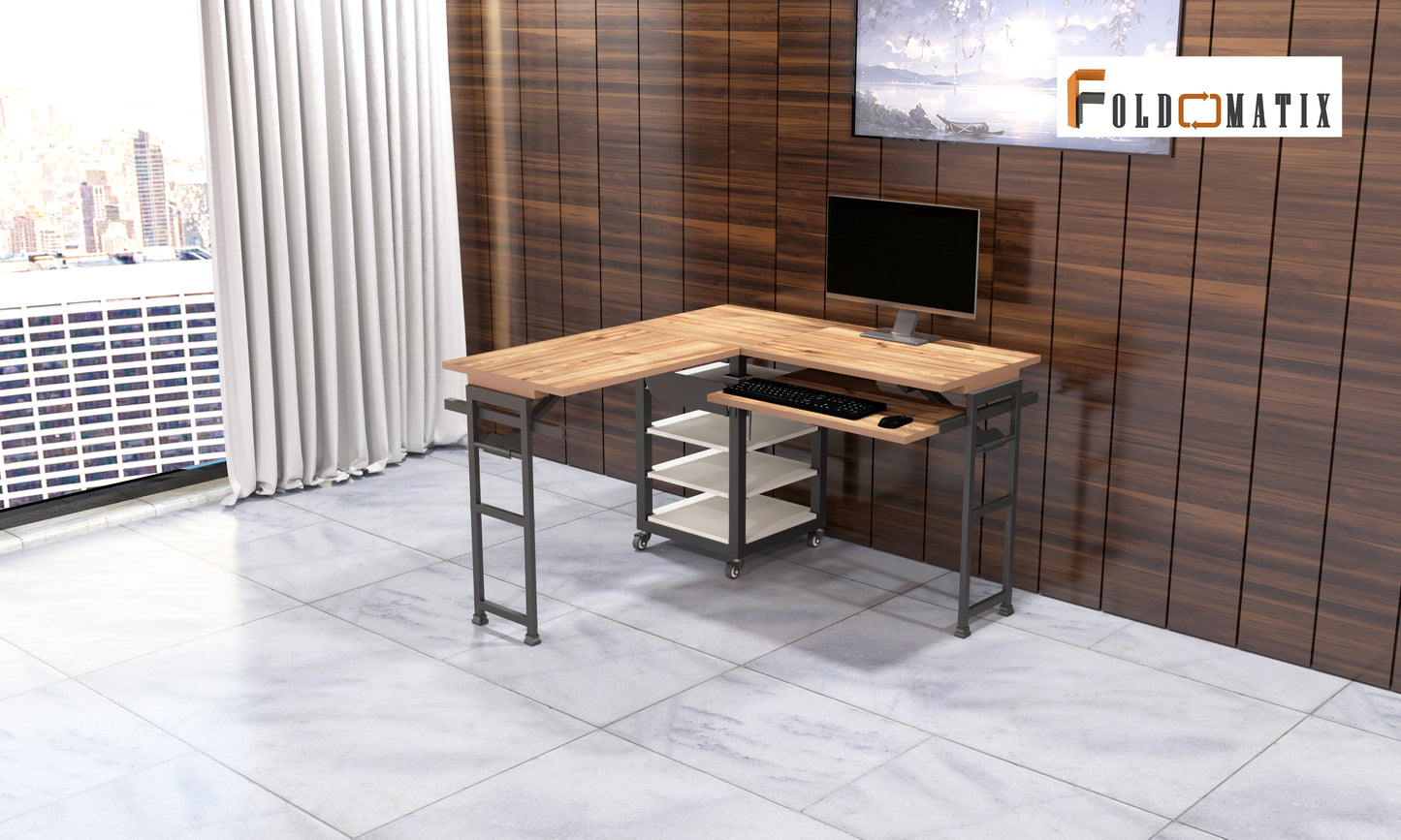 Foldomatix Multipurpose L-Type Convertible Study Table & Computer Desk | Compact, Space-Saving, and Ergonomic Desk with Detachable and slidable Keyboard Tray with Multiple Customizable Functionality