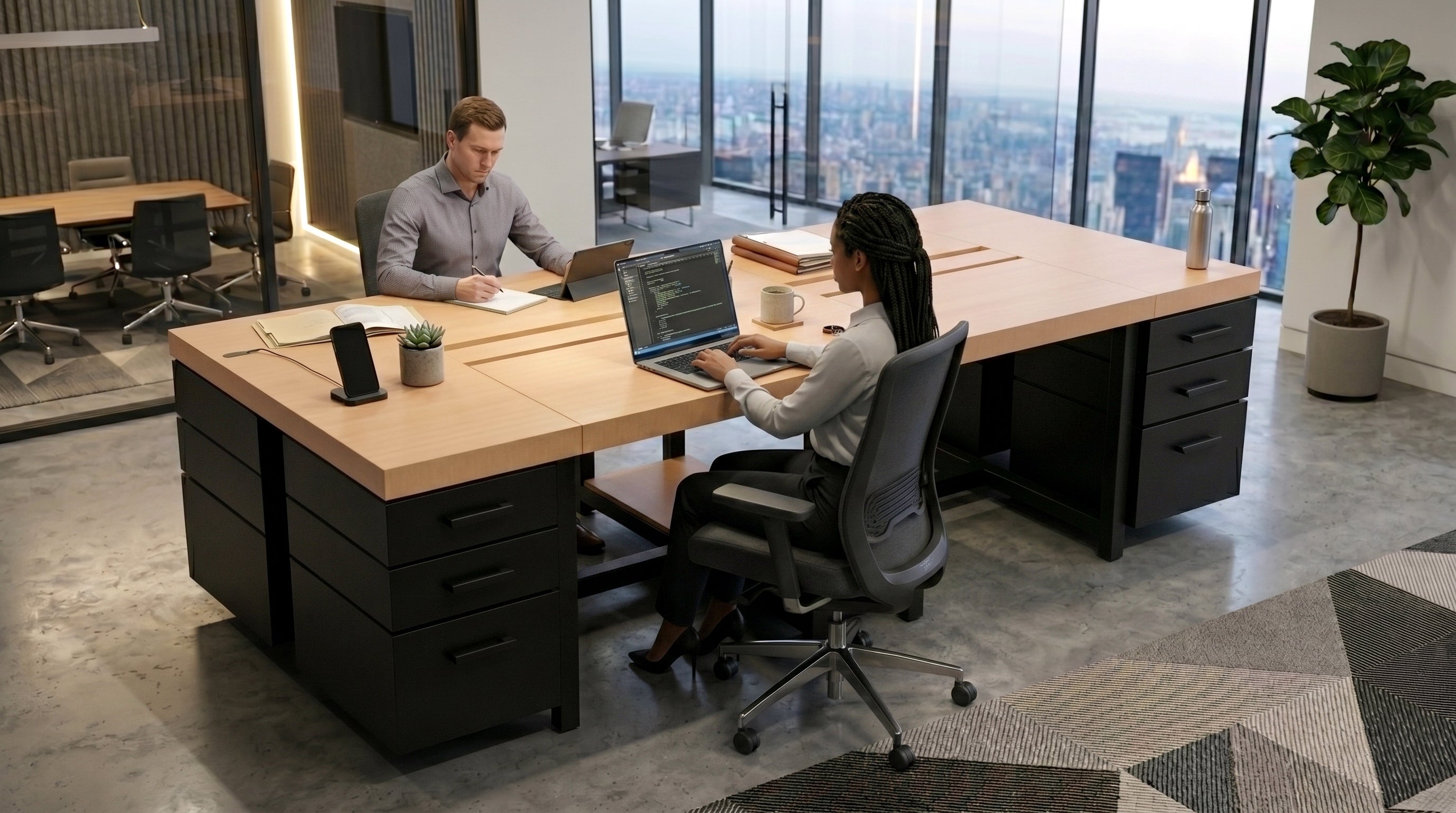 Executive Workstation with Height & Tilt Angle Adjustable Desk Sections | Ergonomic Multi-User Office Desk