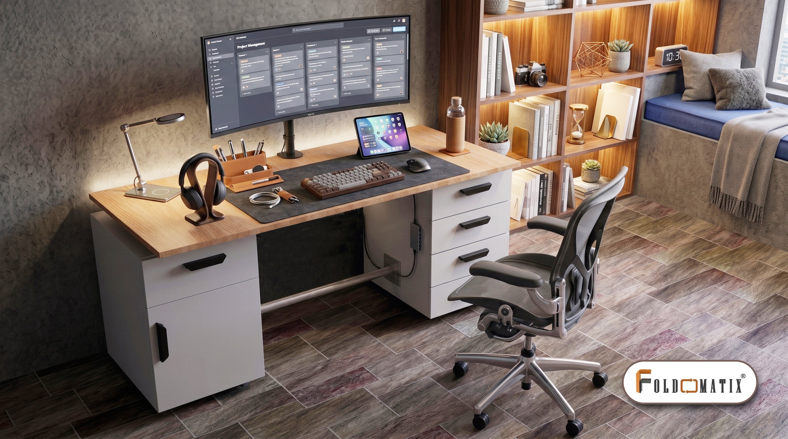 FOLDOMATIX Height Adjustable Executive Desk with Dual Storage Pedestals | Sit-Stand Office Workstation | Manual Micro Effort Scissor Lift | Ergonomic Computer Desk