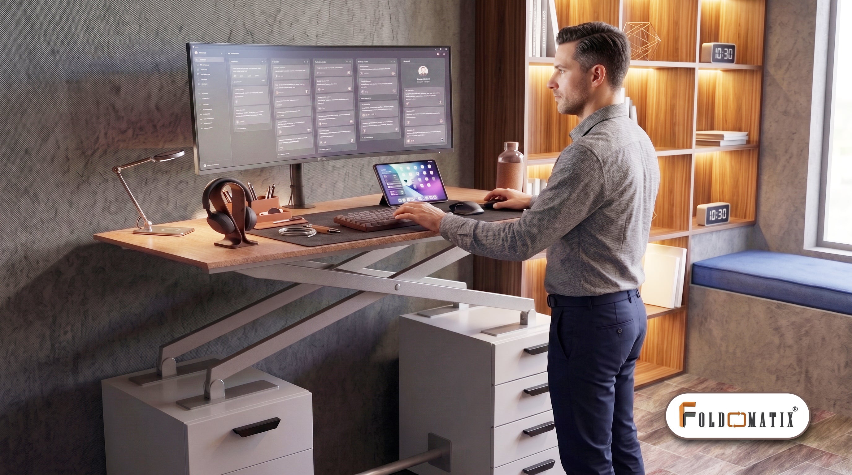 FOLDOMATIX Height Adjustable Executive Desk with Dual Storage Pedestals | Sit-Stand Office Workstation | Manual Micro Effort Scissor Lift | Ergonomic Computer Desk