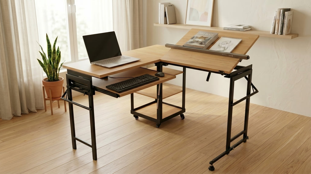 Foldomatix Multipurpose L-Shaped Height & Angle Adjustable Desk | WorkStation, Compact, Space-Saving, and Ergonomic Desk with Adjustable shelves and Adjustable Keyboard Tray