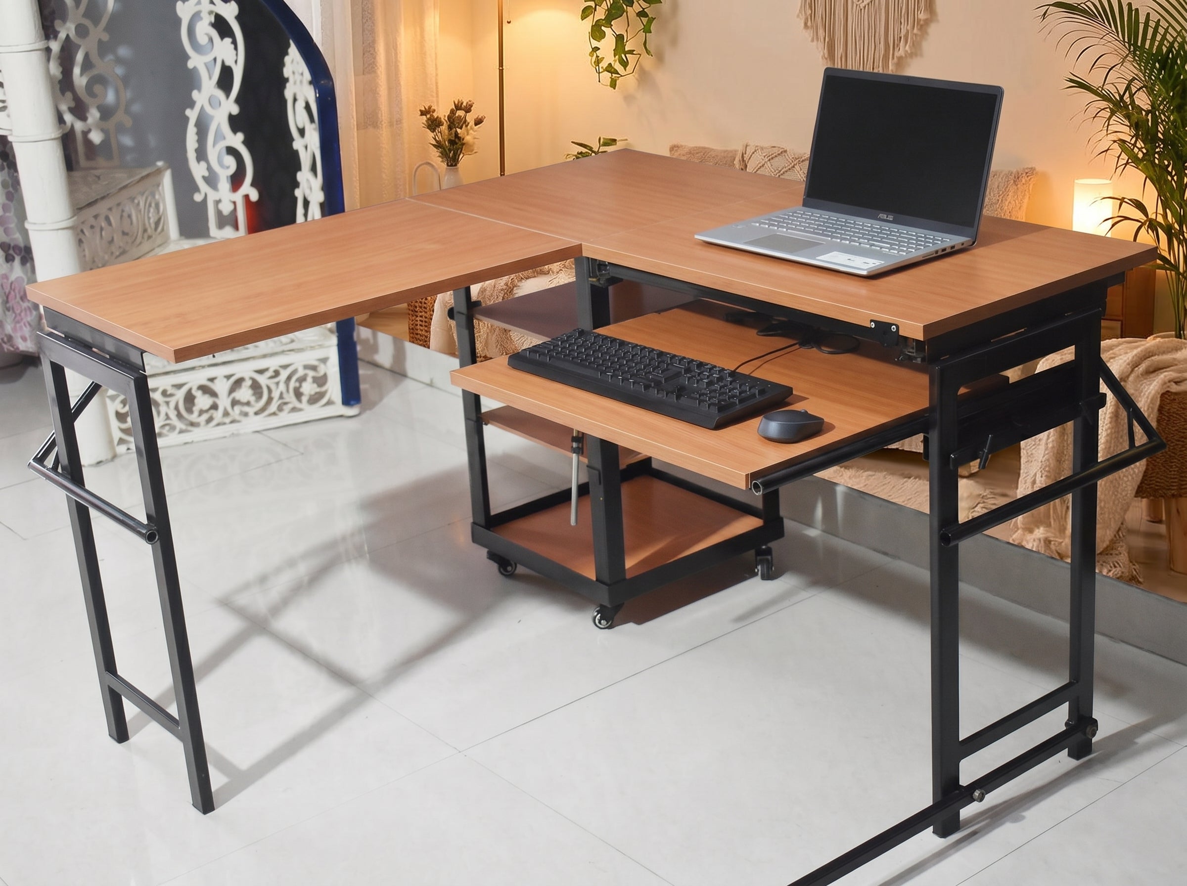 Foldomatix Multipurpose L-Shaped Height & Angle Adjustable Desk | WorkStation, Compact, Space-Saving, and Ergonomic Desk with Adjustable shelves and Adjustable Keyboard Tray