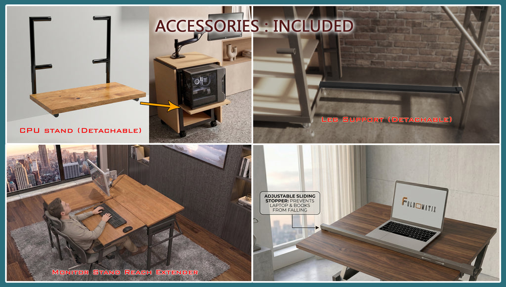 Foldomatix Multipurpose L-Shaped Height & Angle Adjustable Desk | WorkStation, Compact, Space-Saving, and Ergonomic Desk with Adjustable shelves and Adjustable Keyboard Tray