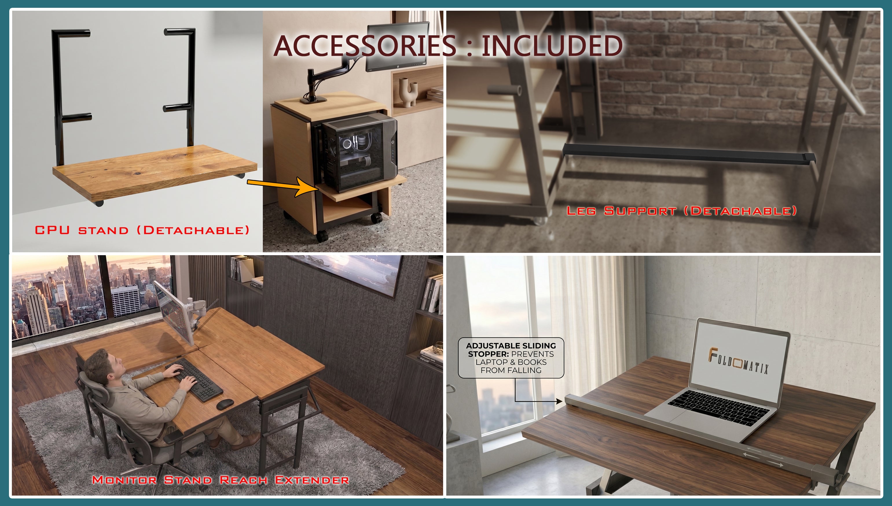 Foldomatix Multipurpose L-Shaped Height & Angle Adjustable Desk | WorkStation, Compact, Space-Saving, and Ergonomic Desk with Adjustable shelves and Adjustable Keyboard Tray