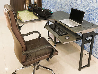 Foldomatix Multipurpose L-Type Convertible Study Table & Computer Desk | Compact, Space-Saving, and Ergonomic Desk with Detachable and slidable Keyboard Tray with Multiple Customizable Functionality