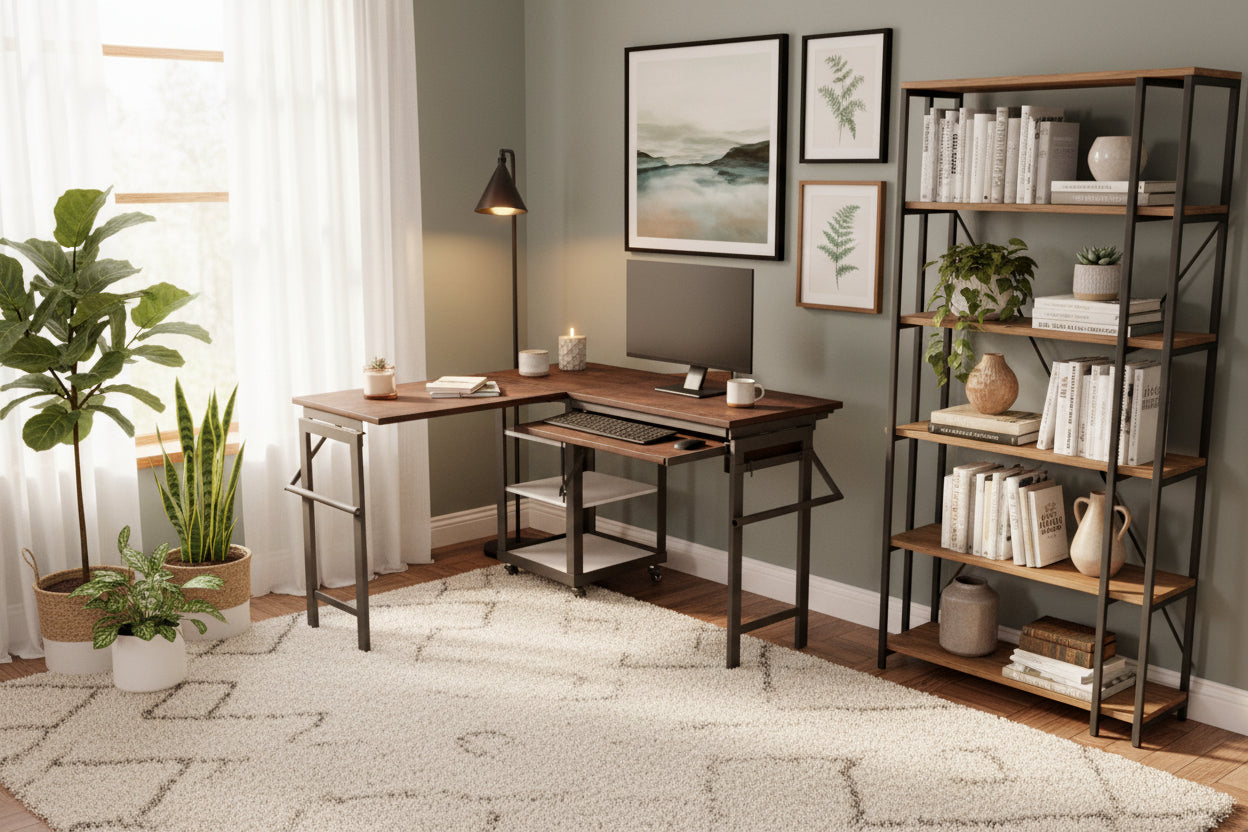 Foldomatix Multipurpose L-Shaped Height & Angle Adjustable Desk | WorkStation, Compact, Space-Saving, and Ergonomic Desk with Adjustable shelves and Adjustable Keyboard Tray