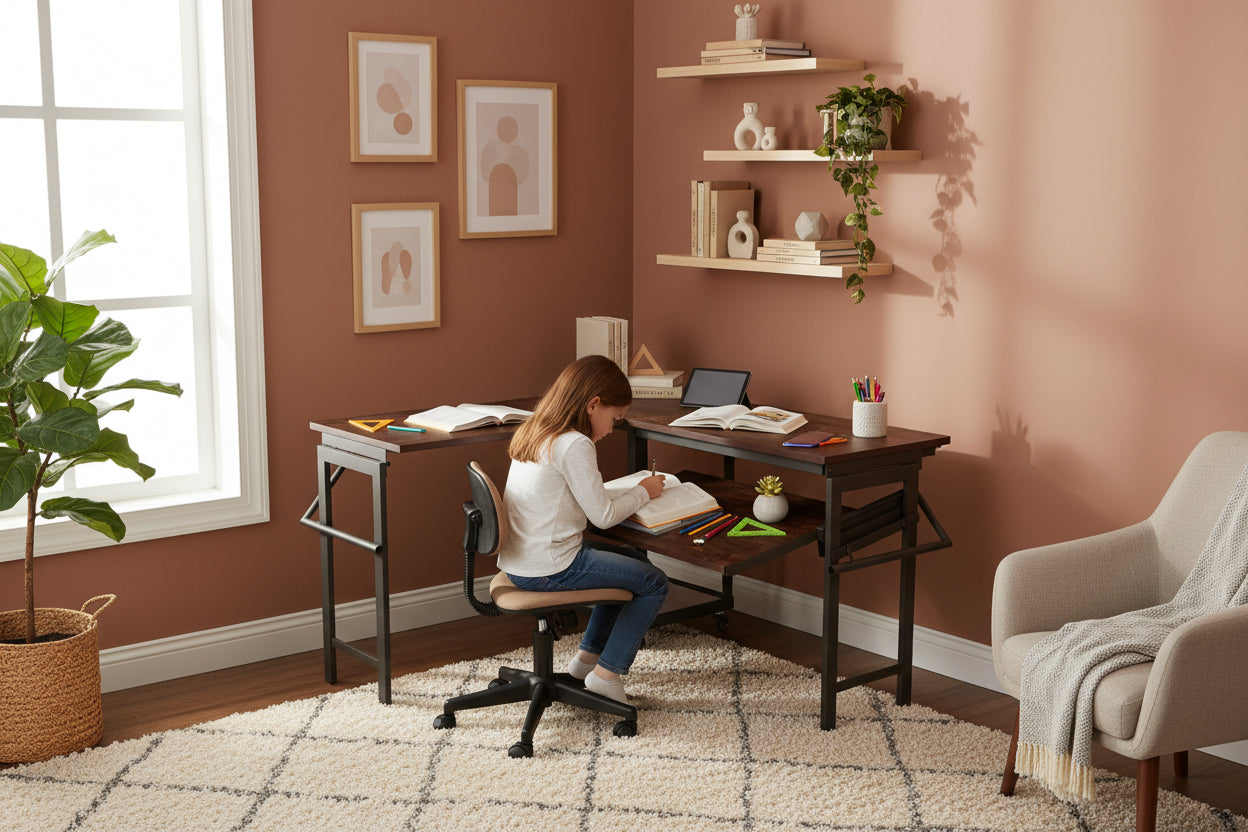 Foldomatix Multipurpose L-Shaped Height & Angle Adjustable Desk | WorkStation, Compact, Space-Saving, and Ergonomic Desk with Adjustable shelves and Adjustable Keyboard Tray