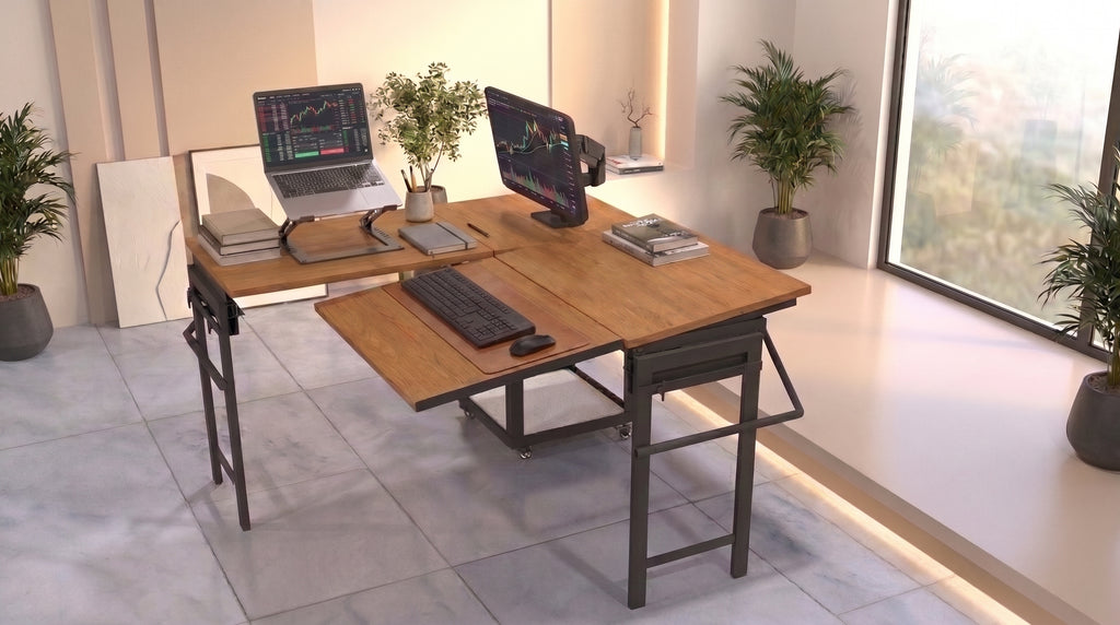 Foldomatix Multipurpose L-Shaped Height & Angle Adjustable Desk | WorkStation, Compact, Space-Saving, and Ergonomic Desk with Adjustable shelves and Adjustable Keyboard Tray