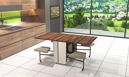 Foldomatix Six seater Folding Table with Integrated Seating and Lockable Leaf Panel Extension System