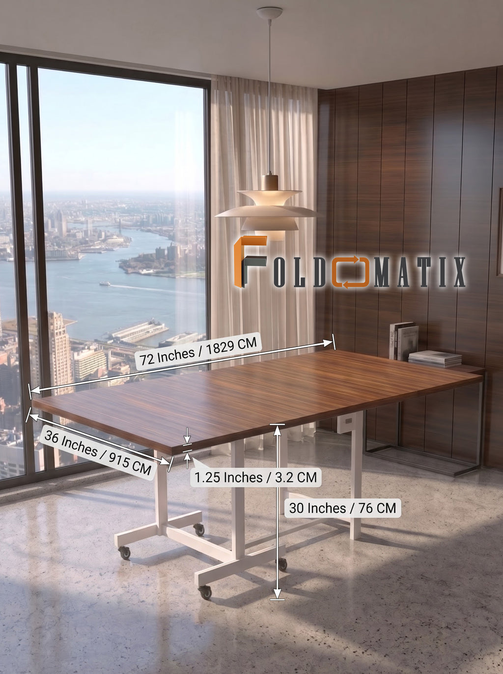 Foldomatix Gas Spring Assisted Folding Dining Table – 6 Seater, 72 × 36 Inch Space-Saving Vertical Folding Table with Wheels (Chair is not n