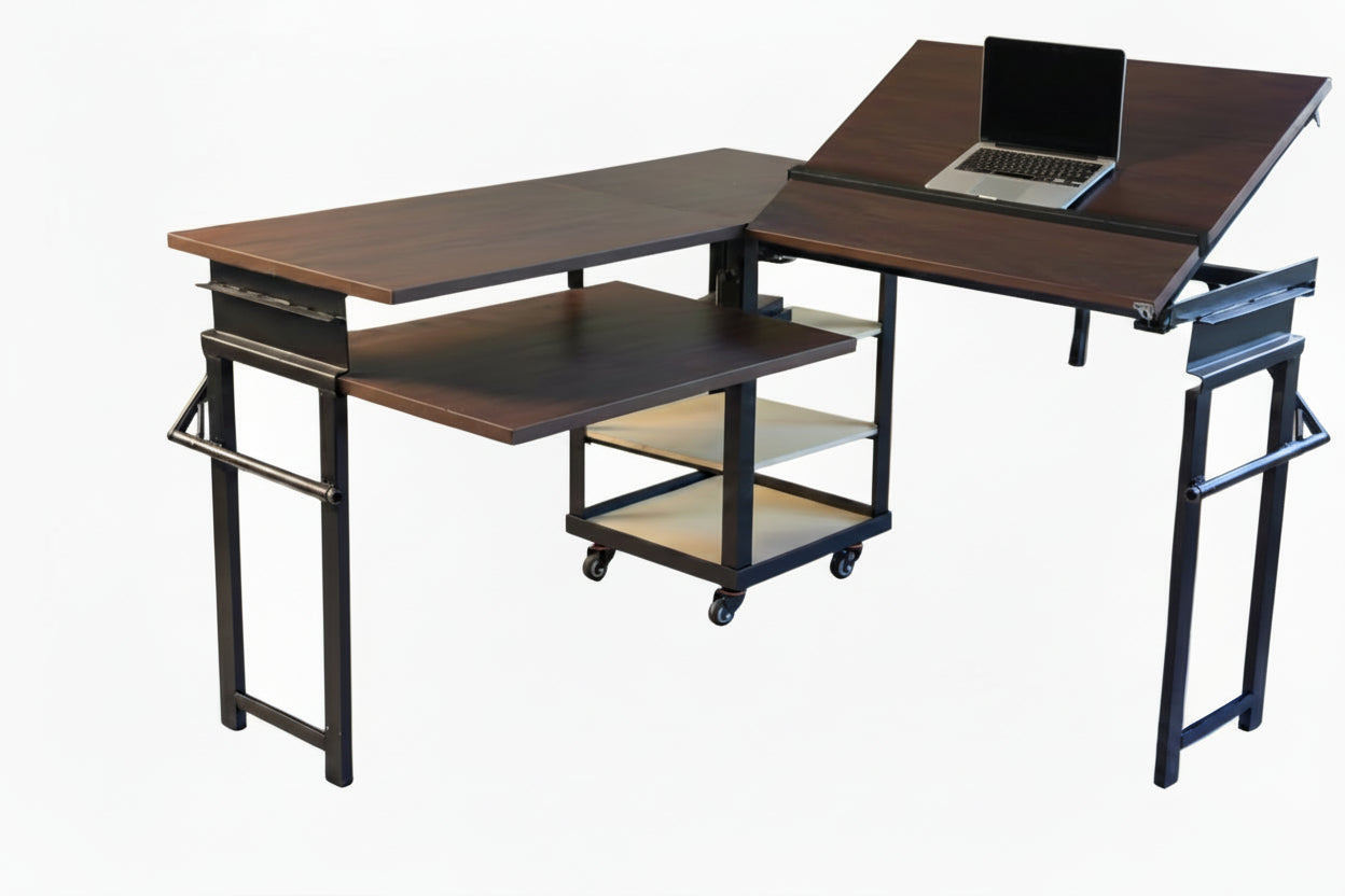 Foldomatix Multipurpose L-Shaped Height & Angle Adjustable Desk | WorkStation, Compact, Space-Saving, and Ergonomic Desk with Adjustable shelves and Adjustable Keyboard Tray