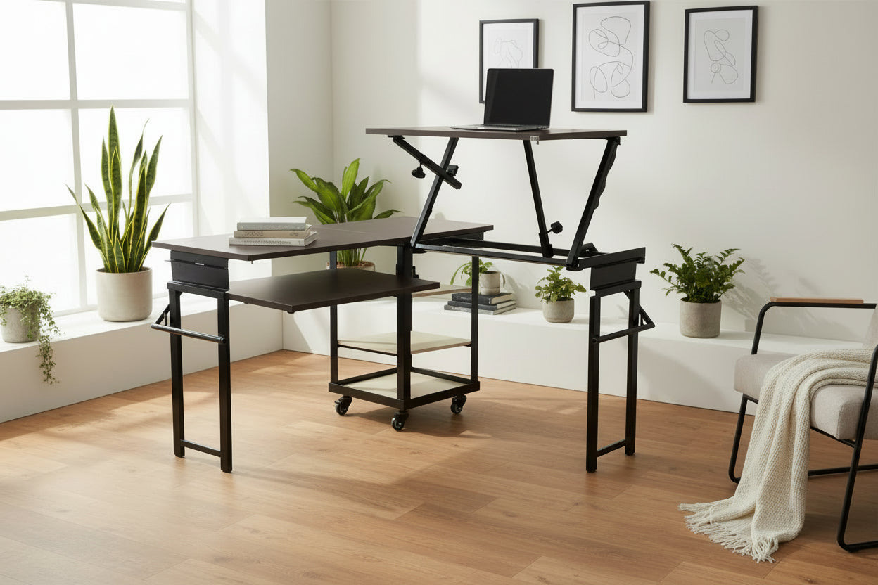 Foldomatix Multipurpose L-Shaped Height & Angle Adjustable Desk | WorkStation, Compact, Space-Saving, and Ergonomic Desk with Adjustable shelves and Adjustable Keyboard Tray