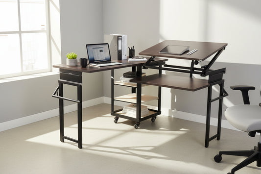 Foldomatix Multipurpose L-Shaped Height & Angle Adjustable Desk | WorkStation, Compact, Space-Saving, and Ergonomic Desk with Adjustable shelves and Adjustable Keyboard Tray