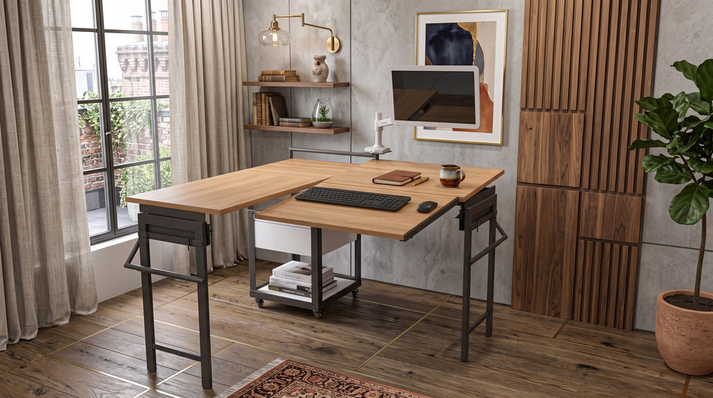 Foldomatix Multipurpose L-Shaped Height & Angle Adjustable Desk | WorkStation, Compact, Space-Saving, and Ergonomic Desk with Adjustable shelves and Adjustable Keyboard Tray