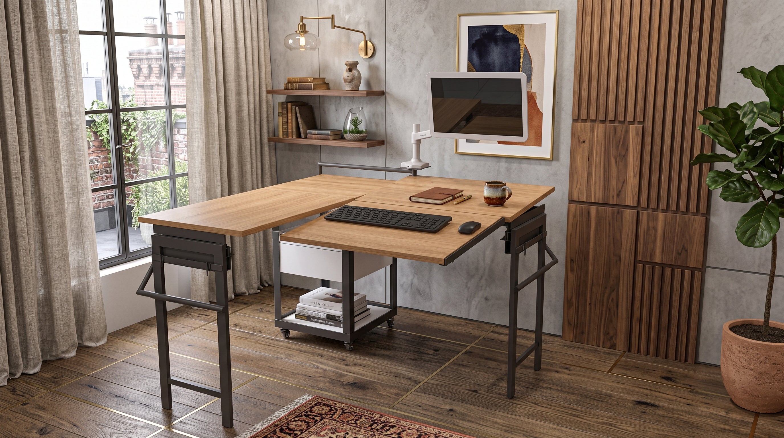 Foldomatix Multipurpose L-Shaped Height & Angle Adjustable Desk | WorkStation, Compact, Space-Saving, and Ergonomic Desk with Adjustable shelves and Adjustable Keyboard Tray