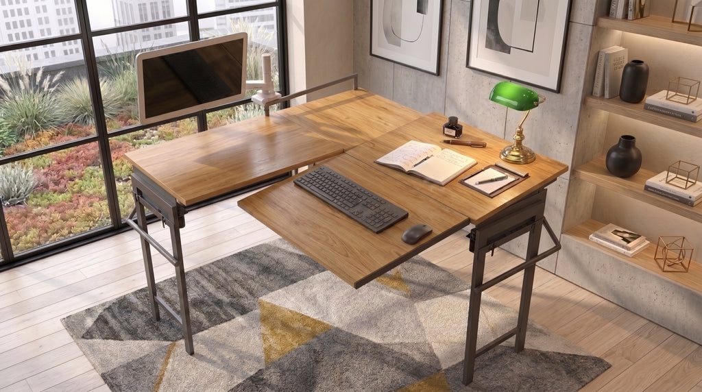 Foldomatix Multipurpose L-Shaped Height & Angle Adjustable Desk | WorkStation, Compact, Space-Saving, and Ergonomic Desk with Adjustable shelves and Adjustable Keyboard Tray