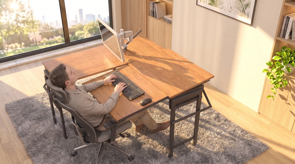 Foldomatix Multipurpose L-Shaped Height & Angle Adjustable Desk | WorkStation, Compact, Space-Saving, and Ergonomic Desk with Adjustable shelves and Adjustable Keyboard Tray